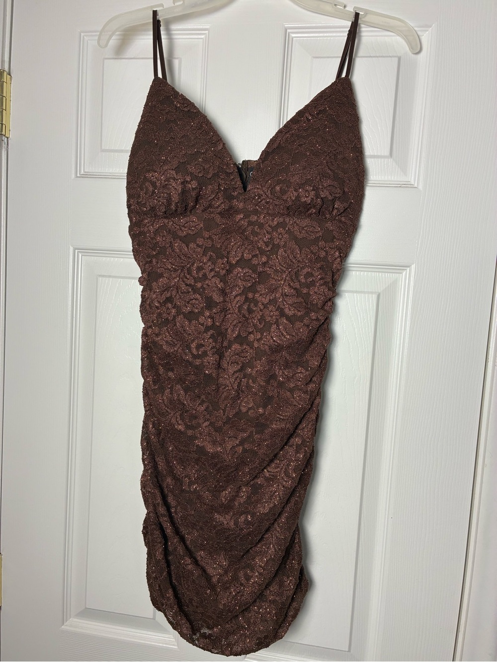 Windsor Chocolate Brown Lace Ruched Bodycon Dress with Spaghetti Straps